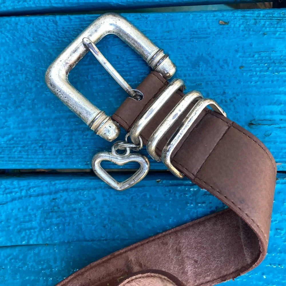 Boho Belt EVAN PICONE Silver Heart Vintage Retro Leather Light Brown Size Small